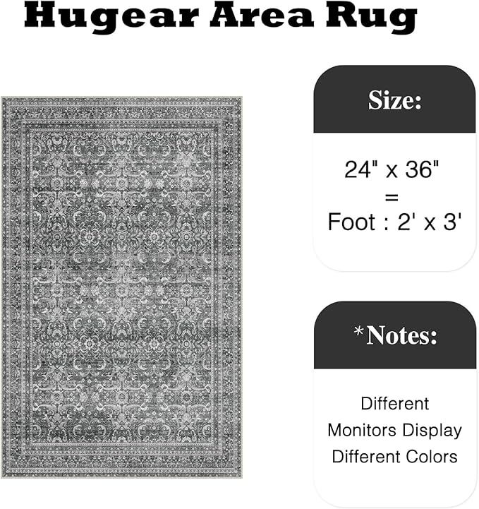HUGEAR 2x3 Entryway Area Rug Vintage Grey Small Rug Machine Washable Door Mat Retro Floral Low Pile Carpet Vacuumable Distressed Throw Rug Entrance Kitchen Bathroom Bedroom Non Slip Lightweight