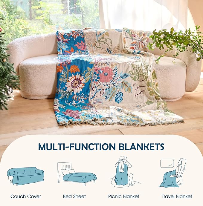 Boho Throw Blanket - 100% Cotton Throw Blankets for Bed Couch, 50"x60" Soft Muslin Lightweight Spring Throw Blanket, Cozy Floral Plant Printed Bohemain Bedding Decor Green Throw Quilt