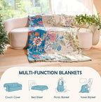 Boho Throw Blanket - 100% Cotton Throw Blankets for Bed Couch, 60"x80" Soft Muslin Lightweight Spring Throw Blanket, Cozy Floral Plant Printed Bohemain Bedding Decor Green Throw Quilt