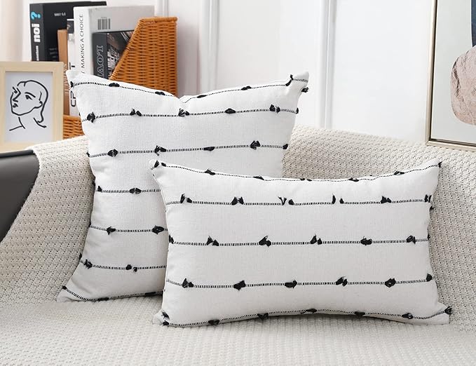 Set of 2 Boho Throw Pillow Covers 24x24,Black Off White Neutral Couch Pillow Case with Tassel Fringe Decorative，Modern Accent Farmhouse Cushion Covers for Sofa Couch Bed Living Room