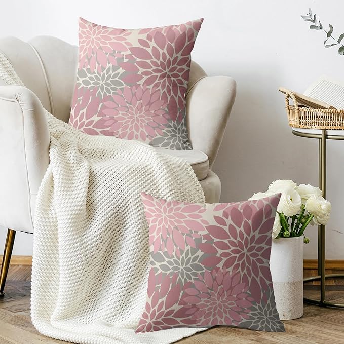 Pink Grey Gray Pillow Covers 24X24 Inch Set of 2, Dahlia Flower Spring Summer Floral Cream Decorative Throw Pillow Covers Outdoor Modern Farmhouse Cushion Case for Home Couch Sofa Bed Decor