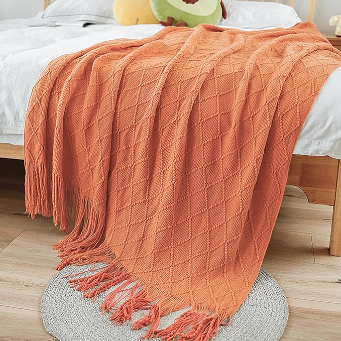 Throw Blanket for Couch Bed, Sofa Knit Blanket Farmhouse Throw for Living Room, Decorative Fall Throw Blanket for Chair, Outdoor Textured Boho Blanket（Rust 51x67In）