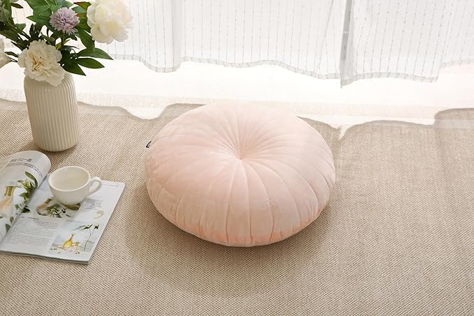 Floor Pillow Meditation Cushion Round Large Floor Pillows Seating for Adults, Velvet Thick Floor Cushions for Yoga Living Room Balcony Outdoor Tatami 18inches（Pink）