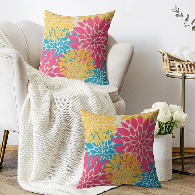 Hot Pink Blue Yellow Pillow Covers 24X24 Inch Set of 2, Modern Dahlia Floral Print Summer Decorative Throw Pillow Covers Outdoor Farmhouse Cushion Case for Home Couch Sofa Bed Decoration