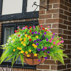 Artificial Fake Hanging Plants Flowers Basket for Outdoor Spring Summer Decorarion, UV Resistant Faux Rose Eucalyptus Boston Ferns Plants for Indoor Outside Garden Porch Patio Balcony Decor