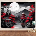 Mountain Forest Nature Tapestry for Bedroom, Black and White Moon Landscape Wall Hanging, Tree Sunset Dark Large Asia Japanese Tapestries Aesthetic Anime Art Decor for Living Room College Dorm, 40x30