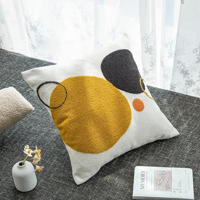 Boho Geo Decorative Throw Pillow Cover, Decorative Colored Pillowcase for Couch Sofa Bed Stylish Decor, Simple Cotton Textured Cushion Sham, Square 18 inches, 1PC(Yellow Mustard Orange)