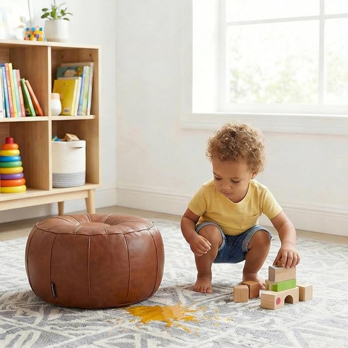 Leather Pouf - 20”Dx12”H, Wash-Free Tech Fabric Pouf Unstuffed Ottoman Moroccan Footstool, Floor Footrest Cushion, Storage Solution, Natural Orange Color Unstuffed Faux Leather Cover (Brown)