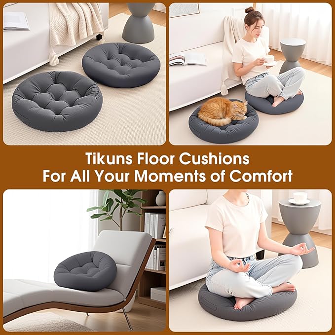 2Pcs Floor Pillows for Adults, 22x22x6 Inch Meditation Cushions, Large Round Sitting Cushion Living Room Memory Foam Pillow for Sitting (2, Grey, 22x22x6 Inch)