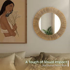 24 Inch Natural Jute Mirror, Wall Mounted Round Mirror with Metal Frame, Wall Decor Rustic Farmhouse Boho Decor Accent for Bathroom, Bedroom, Living Room, or Entryway