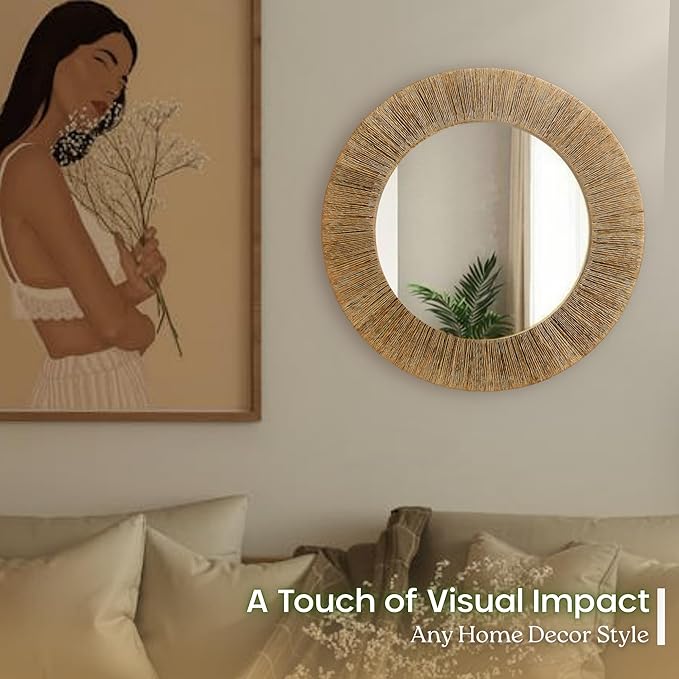 24 Inch Natural Jute Mirror, Wall Mounted Round Mirror with Metal Frame, Wall Decor Rustic Farmhouse Boho Decor Accent for Bathroom, Bedroom, Living Room, or Entryway