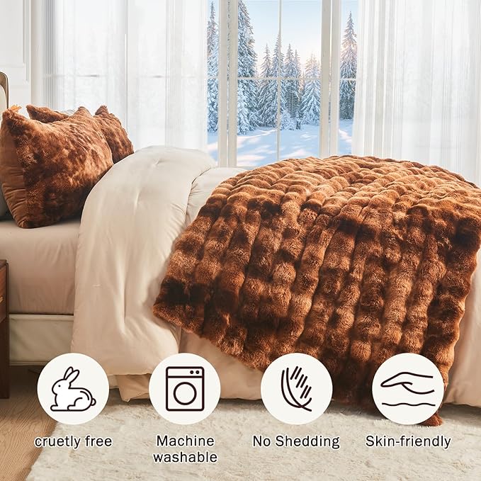 EMME Faux Fur Blanket Queen Size Tie Dye Dark Brown - Big Bubble Rabbit Cozy Blanket for Couch, Thick Furry Plush Shaggy Blankets, 650GSM, 90x90 Inches