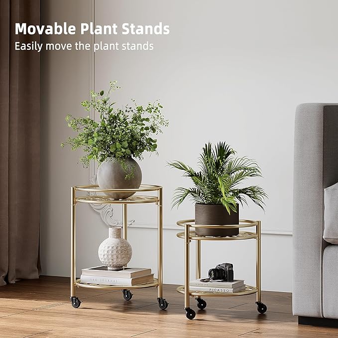 2 Tier Rolling Plant Stand with Wheels, Mid Century Modern Metal Stand for Planters, 2 Sizes 9 Inch & 11 Inch, Indoor Outdoor Movable Flower Pot Holder for Decor Home Garden Patio Load Bearing 165 LB 2 Pack Gold