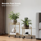 2 Tier Rolling Plant Stand with Wheels, Mid Century Modern Metal Stand for Planters, 2 Sizes 9 Inch & 11 Inch, Indoor Outdoor Movable Flower Pot Holder for Decor Home Garden Patio Load Bearing 165 LB 2 Pack Gold