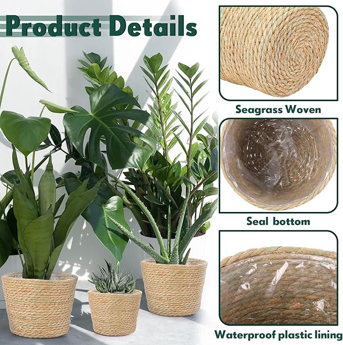 Mumufy 6 Pcs Seagrass Planter Basket Flower Pots Cover Plant Baskets Hand Woven Plant Basket Storage Containers with Plastic Liners for Indoor Outdoor Flower Pots Decoration 10, 7, 8.3 Inch(Classic)