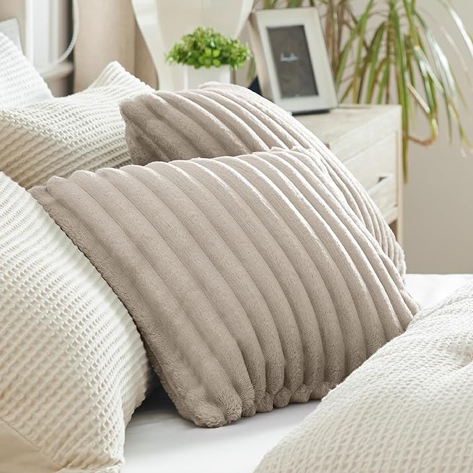 Bedsure Double-Side Striped Throw Pillow Covers 18x18 Set of 2, Spring Fluffy Linen Soft Decorative Pillow Covers, Home Decor for Couch Sofa Living Room Bedroom