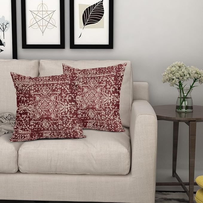 Burgundy Red Boho Throw Pillow Covers 20x20 Inch Decorative Square Beige Tan Gray Maroon Pillow Cases Bohemian Carpet Pattern Ethnic Cushion Covers Farmhouse Home Decor For Sofa Couch Outdoor Set of 2