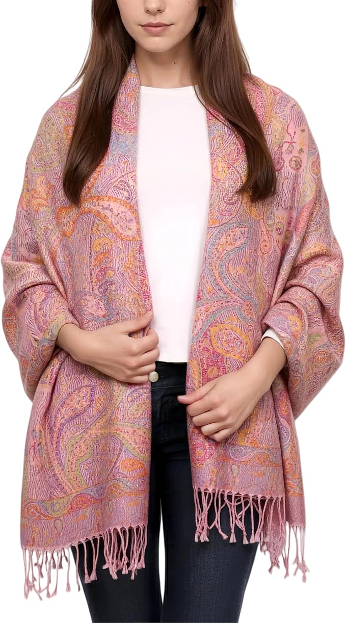 Achillea Reversible Paisley Pashmina Rave Scarf – Exotic Indian Shawls and Wraps for Evening Dresses, Festivals, All Seasons