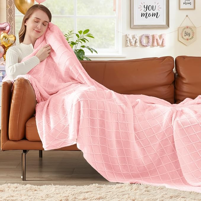 inhand Pink Knitted Throw Blanket for Couch Bed,Mothers Day/Mom Birthday Gifts for Mom from Daughter Son,Romantic Decor for Her Him Girlfriend Wife, Farmhouse Warm Woven for Women,50"x60"