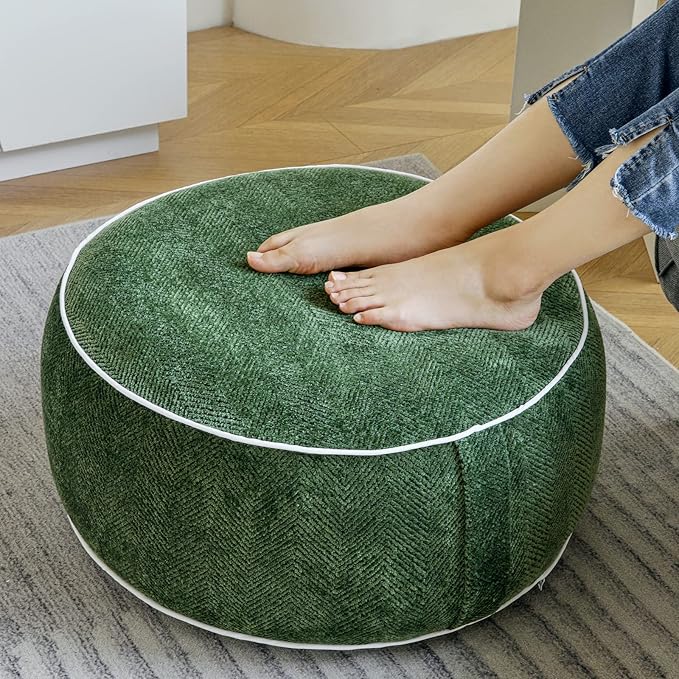 Inflatable Pouf Ottoman, 21x10 Inches Stuffed Chenille Ottoman with Inflatable PVC Liner, Foot Rest with Portable Handle, Round Floor Pillow for Living Room, Bedroom, Kids Room