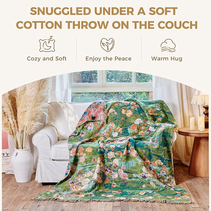 Boho Throw Blanket for Couch Sofa Chair Spring Cotton Blankets for Bedroom Living Room All Season Soft Lightweight Reversible Floral Embroidery Decorative Throws 50"x60" Home Decor