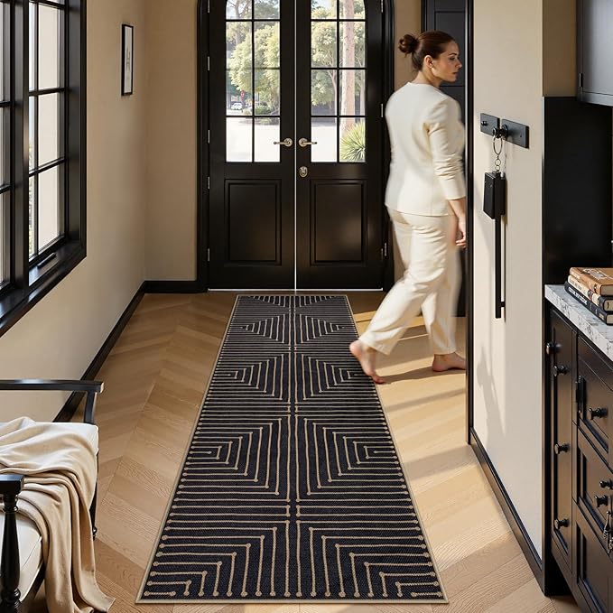 Lahome Neutral Geometric Kitchen Rugs, 2x8 Washable Entryway Hallway Runner Rug Non Slip, Farmhouse Rhombus Low Pile Non Shedding Black Indoor Outdoor Carpet Runner for Laundry Room