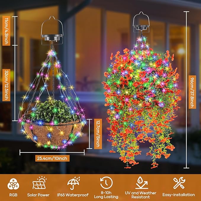 Outdoor Hanging Basket with Artificial Flowers: Fake Plants Basket with Solar String Lights for Garden Enthusiasts - 10 Inches Solar Faux Silk Flower Baskets for Home Porch Wall Patio Tree Decor