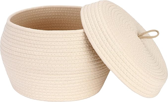 Sea Team Round Cotton Rope Storage Basket with Lid, Decorative Woven Storage Bin, Pot, Caddy, Organizer, Container for Snacks, Towels, Plants, 13 x 9 Inches (Large, Cream)