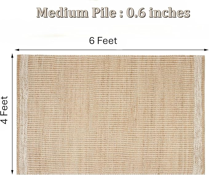 4' x 6' Jute & Wool Area Rug, Handwoven Mini Check with 4-Inch Border – Natural Farmhouse Living Room, Dining & Bedroom Rug, Neutral Flatweave Indoor Décor (4' x 6')