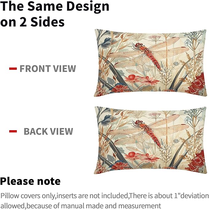 Kawani Summer Dragonfly Lumbar Pillow Covers 12X20 Inch Red Floral Flower Botanical Nature Decorative Pillow Cases Set of 2 Vintage Farmhouse Throw Pillows for Cushion Sofa Couch Outdoor