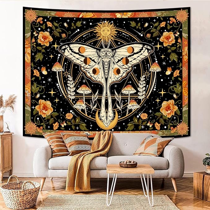 Aipon Orange Moth Tapestry Boho Retro Floral Flowers Tapestries Aesthetic Vintage Mushroom Tapestries for Bedroom Indie Sun Moon Tapestry Wall Hanging for Living Room Dorm (80'' × 60'')