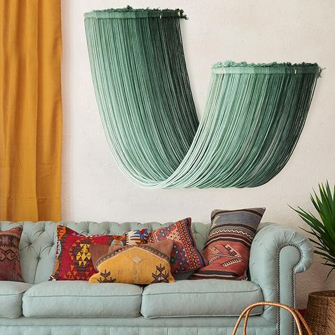 Jakalin Macrame Wall Hanging Green Yarn Wall Art Boho Decor Textile Tassel Cord Bohemian Home Decor for Home Living Room Bedroom