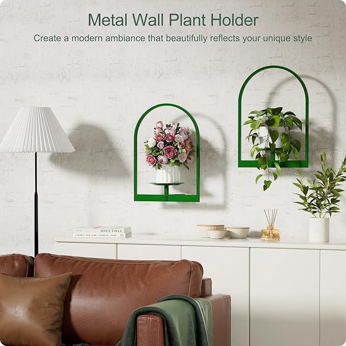 Green Metal Wall Plant Holder - 3-Pack Wall Mounted Plant Stands and Hanging Holders for Indoor Planter and Flower Pot - Arch Decor Shelf for Plant Storage (Pot Not Included)
