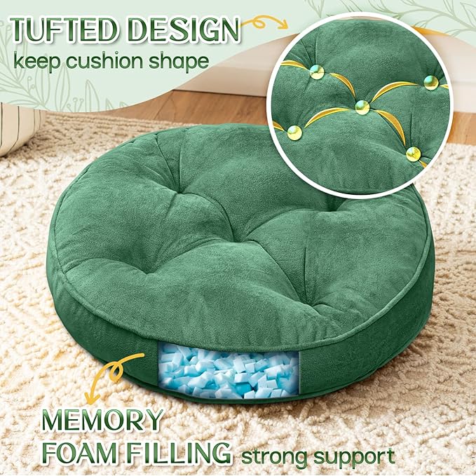Floor Pillow Set of 2, Memory Foam Meditation Cushion, Floor Cushions for Adults Sitting, Large Round Seat Cushions for Yoga, Living Room, 20x20 Inch (Round | Green)