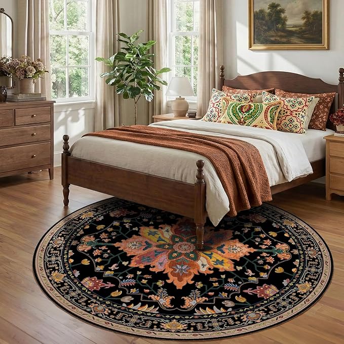 Area Rugs 8ft Washable Non-Slip, Floral Vintage Distress Print Pattern Medallion Carpet for Living Room Bedroom Dining Room, Black Colorful Floral Dark Tan