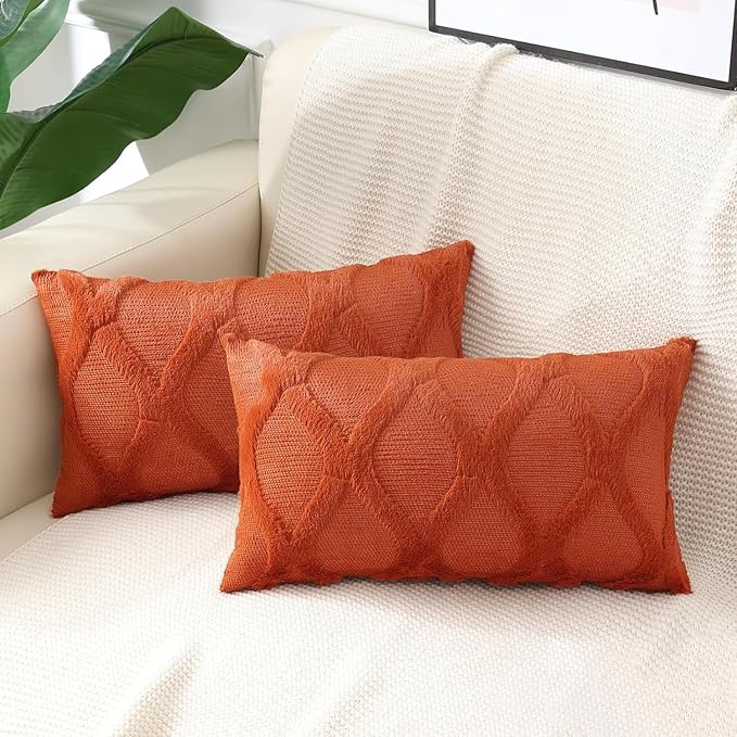 decorUhome Spring Throw Pillow Covers 12x20 Inch Set of 2, Soft Plush Faux Fur Wool Lumbar Rust Accent Couch Pillow Covers for Modern Farmhouse Bed Sofa Living Room