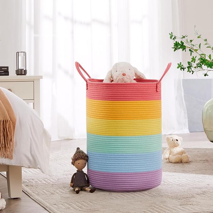 80 Large Rainbow Laundry Hamper Basket for Girls Kids Tall Unicorn Baby Nursery Hamper for Clothes Woven Roper Blanket Toy Basket in Living Room Playroom Bedroom 16"D x 22"H