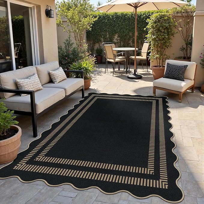 Scalloped Modern Easy Jute Carpet, 4x6 Outdoor Patio Washable Area Rug, Indoor Black Kitchen Rugs Farmhouse Neutral Non Slip Rug for Living Room Patio Entryway