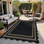 Scalloped Modern Easy Jute Carpet, 4x6 Outdoor Patio Washable Area Rug, Indoor Black Kitchen Rugs Farmhouse Neutral Non Slip Rug for Living Room Patio Entryway
