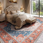 Lessymo 8 x 10 Area Rugs for Living Room- Machine Washable Area Rugs Boho Faux Wool Low Pile Area Rug for Bedroom Floral Medallion Vintage Rugs with Non-Slip Rubber, Tangerine Blue