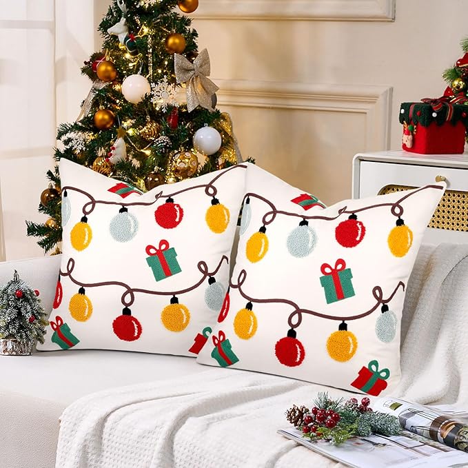 Christmas Embroidered Throw Pillow Covers Farmhouse Tufted Pillow Covers Winter Holiday Decorative Couch Covers 16x16 Christmas Lights Square Cushion Cases Set of 2 for Living Room Couch Sofa Bed