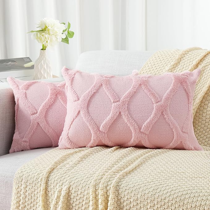 decorUhome Spring Throw Pillow Covers 12x20 Inch Set of 2, Soft Plush Faux Fur Wool Lumbar Light Pink Accent Couch Pillow Covers for Modern Farmhouse Bed Sofa Living Room