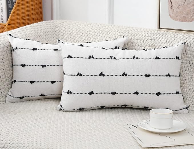 Set of 2 Boho Lumbar Throw Pillow Covers 12x20,Black Off White Neutral Couch Pillow Case with Tassel Fringe Decorative，Modern Accent Farmhouse Cushion Covers for Sofa Couch Bed Living Room