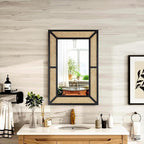 Rattan Mirror for Wall Decor Bohemian Rectangular Large Mirror 35.5" x 23.6", Farmhouse Decorative Wall-Mounted Mirrors, Hanging Mirrors, Woven Wicker, Black Wood Frame