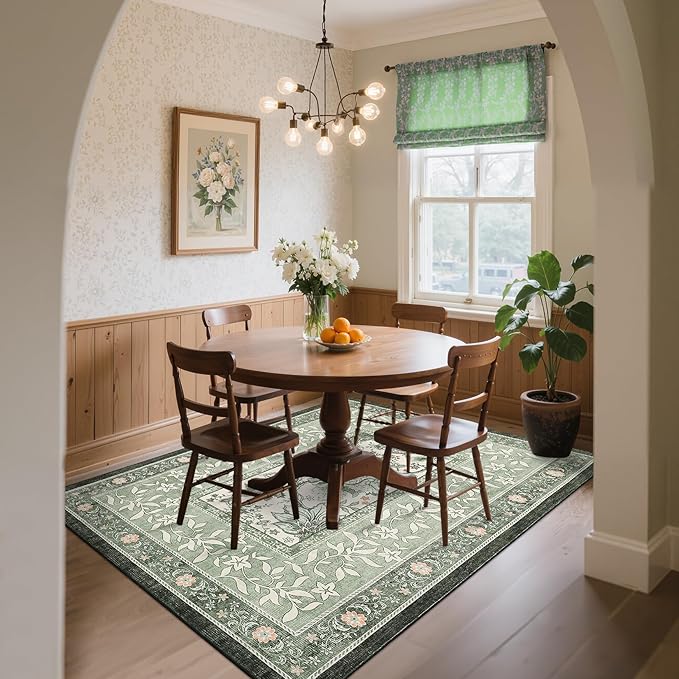 GarveeHome Provence Area Rugs 9x12 Living Room, Botanical Grove Sage Green Cottagecore Washable Rug for Bedroom Dining Nursery Low-Pile Vintage Large Soft Carpet