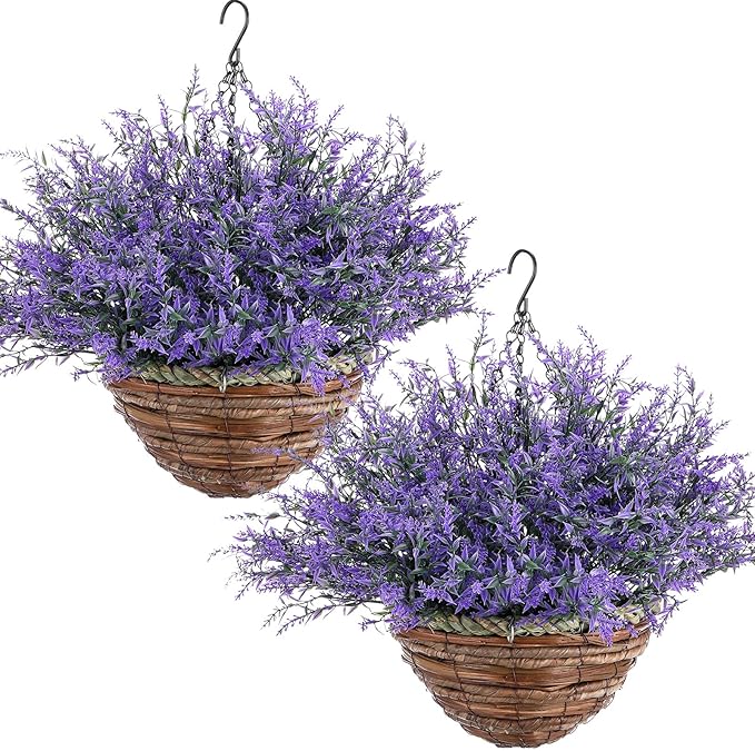 2 Sets Artificial Lavender Flowers with Hanging Basket for Outdoor Indoor Artificial Faux Hanging Flowers Plants Rattan Lining for Porch Garden Yard Spring Summer Decor (Purple)