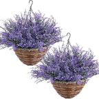 2 Sets Artificial Lavender Flowers with Hanging Basket for Outdoor Indoor Artificial Faux Hanging Flowers Plants Rattan Lining for Porch Garden Yard Spring Summer Decor (Purple)