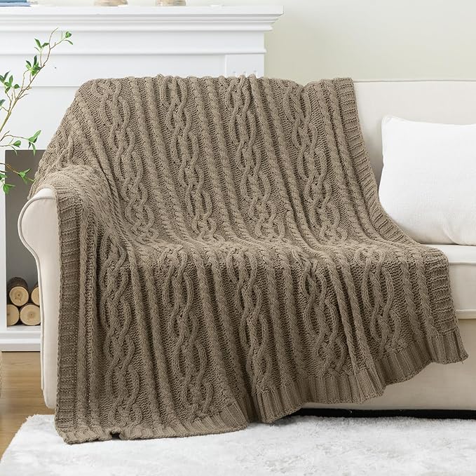 Battilo Camel Tan Throw Blanket for Couch,51"x67", Cable Chenille Knitted Throw Blankets for Bed, Sofa, Chair,Living Room, Soft Cozy Thick Warm Decorative Textured Blanket.