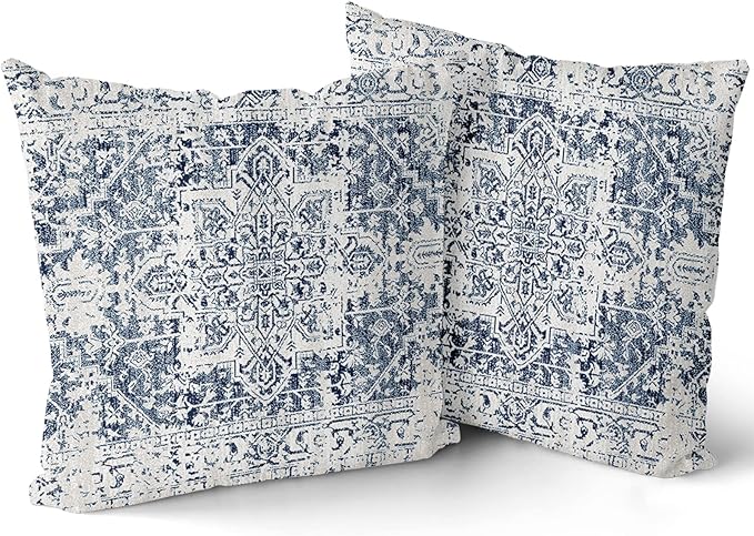 Navy Blue Grey Ethnic Boho Throw Pillow Covers 24x24 Inch Decorative Bohemian Carpet Pattern Vintage Gray Pillow Cases Rustic Cushion Covers Farmhouse Home Decor For Sofa Couch Outdoor Set of 2
