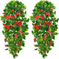 BLEUM CADE Artificial Hanging Flowers for Outdoors, 2pcs Fake Hanging Plants Pothos Vines with Red Flowers for Wall Home Living Room Indoor Outdoor Decor (No Baskets)